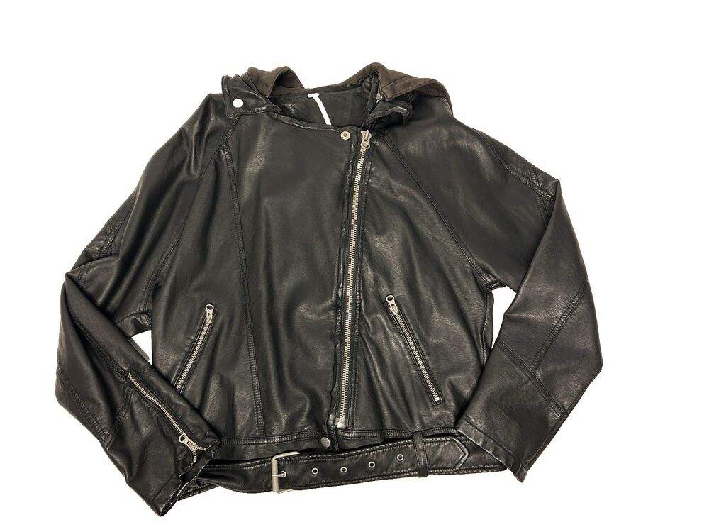 Free People Black Vegan Leather Moto Jacket Bomber Belted Soft Hood Women’s S